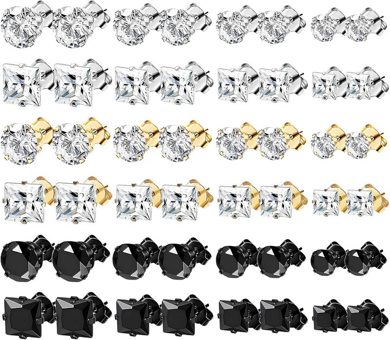 NEWITIN 24 Pairs Stainless Steel Earrings for Men Hypoallergenic Inlaid Cubic Zirconia Studs Hoop Earring Cross Dangle Earrings Unisex Punk Stud Earring for Women Men - Image 1